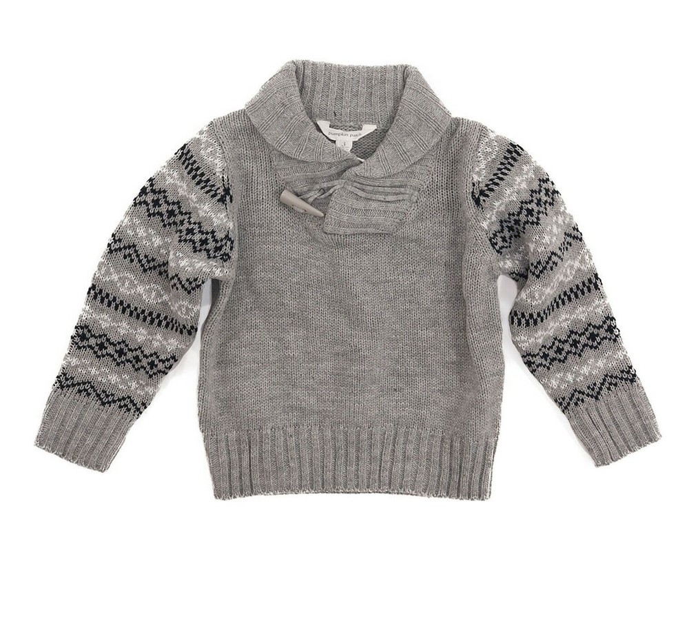 Pumpkin Patch Boys Sweater Top Size 3 Shawl Collar Gray Fair Isle NEW  B65